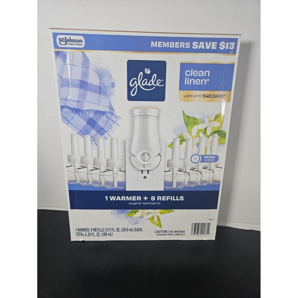 Glade PlugIns Scented Oil Warmer + 9 Refills Clean Linen 540 Days Value Pack New